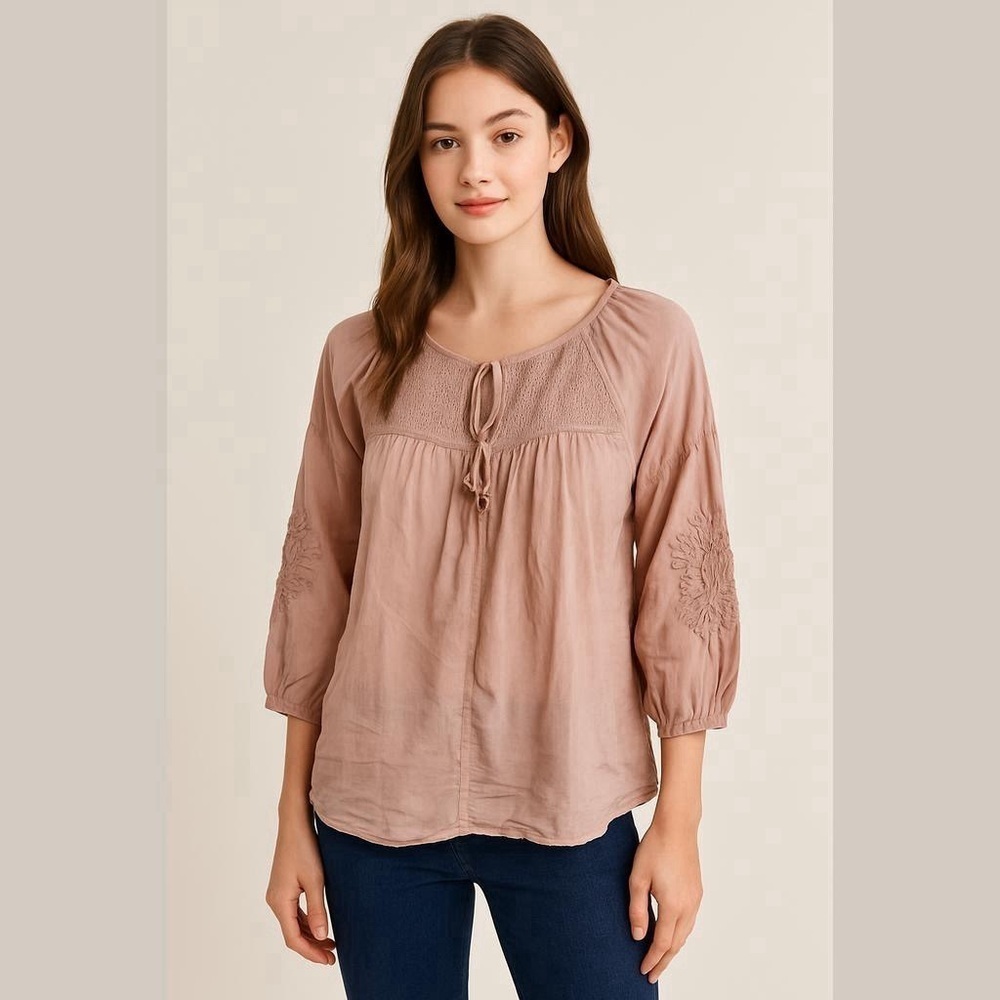 Solitaire Dusty Pink 3/4 Sleeve Tie Front Smocked Peasant Blouse Sz M Boho